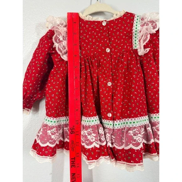 Bryan Girls Toddler Baby Christmas Dress Red Floral Lace Ruffle Button Back Vtg - Picture 6 of 7